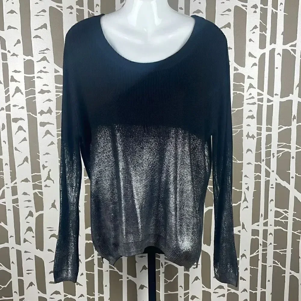 Black and Silver Metallic Ombré Split Hem Sweater S